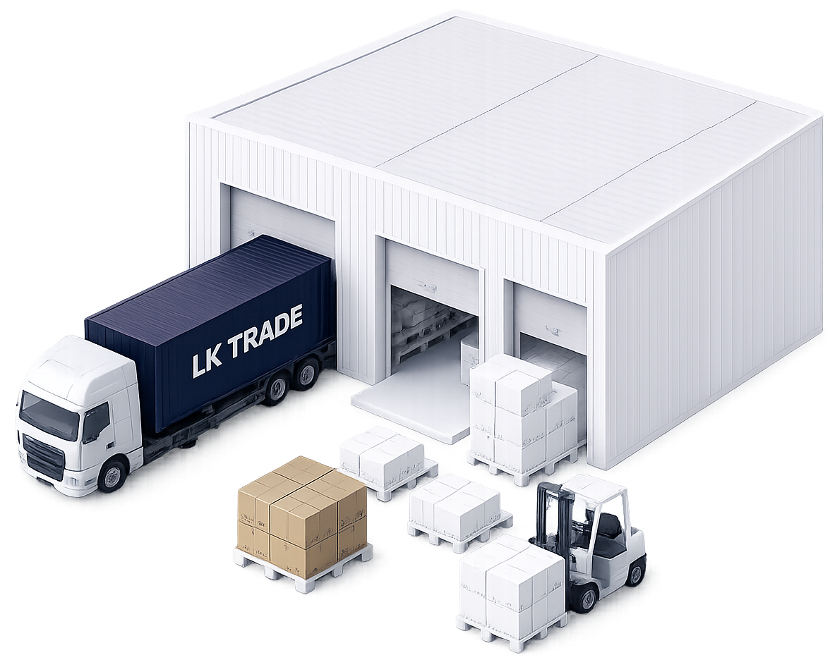 Склад, грузовой автомобиль, паллеты и погрузчик LK TRADE