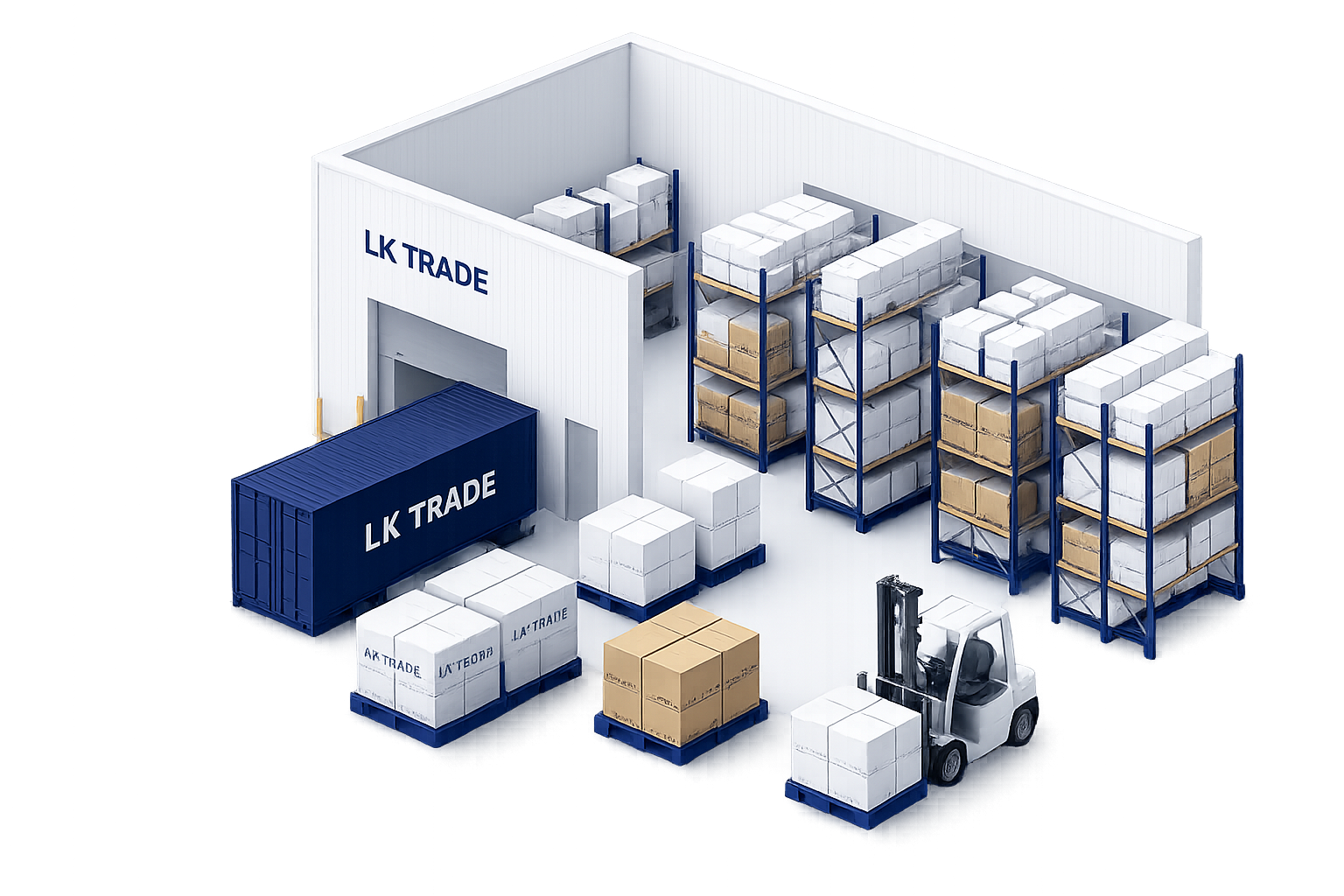 Склад LK TRADE со стеллажами, паллетами и погрузчиком